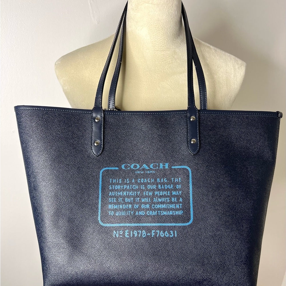 Coach Reversible City Tote  Gingham Print Navy  Yellow RARE Excellent Condition - Picture 11 of 13